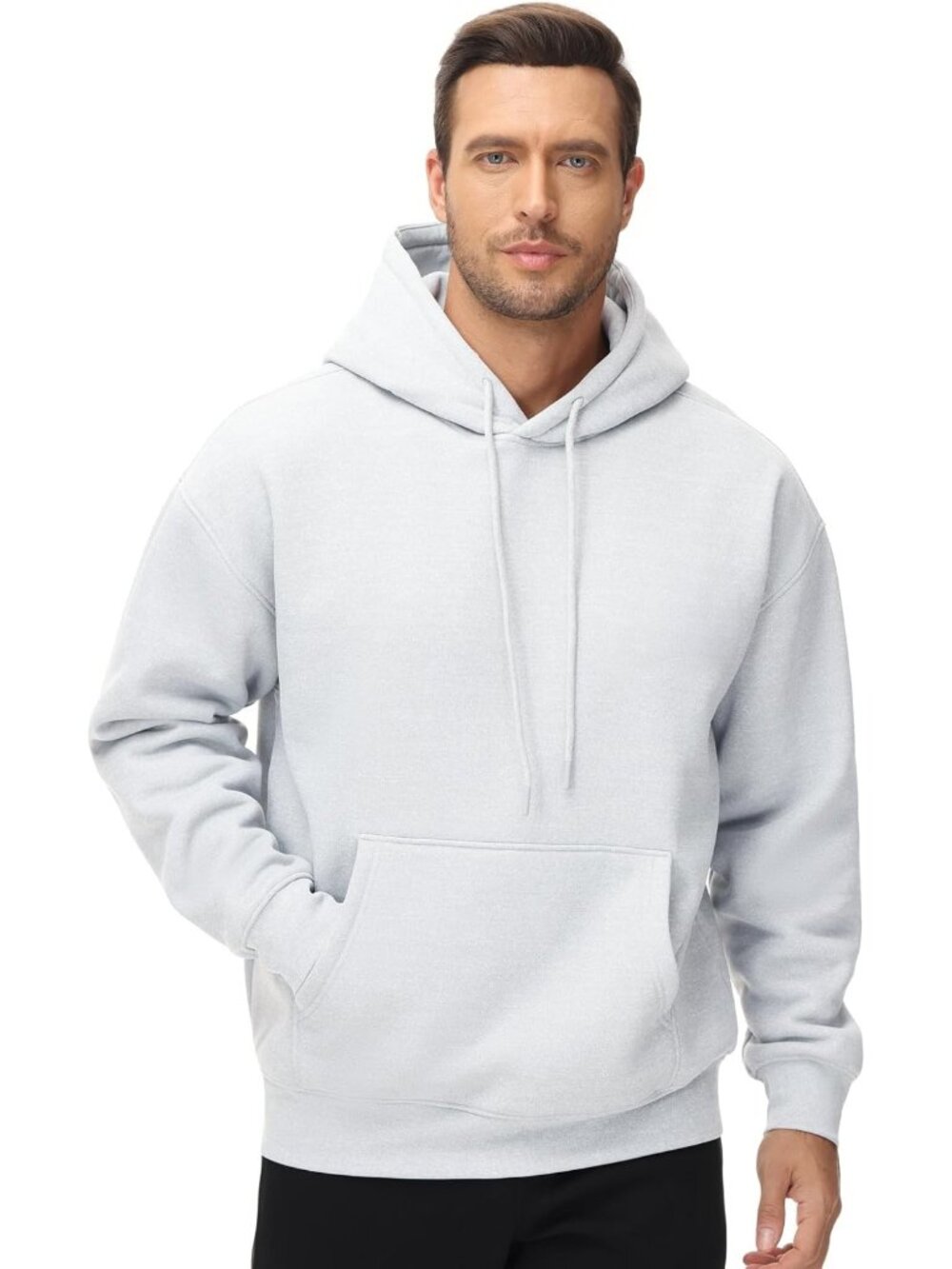 Men's Light Grey Fleece Lining Pullover Loose Fit Drawstring Hooded Sweatshirts